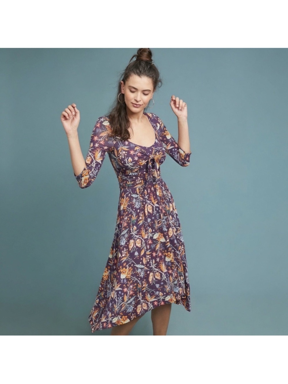 Maeve Purple Floral Tie-Front Midi Dress with Orange Accents